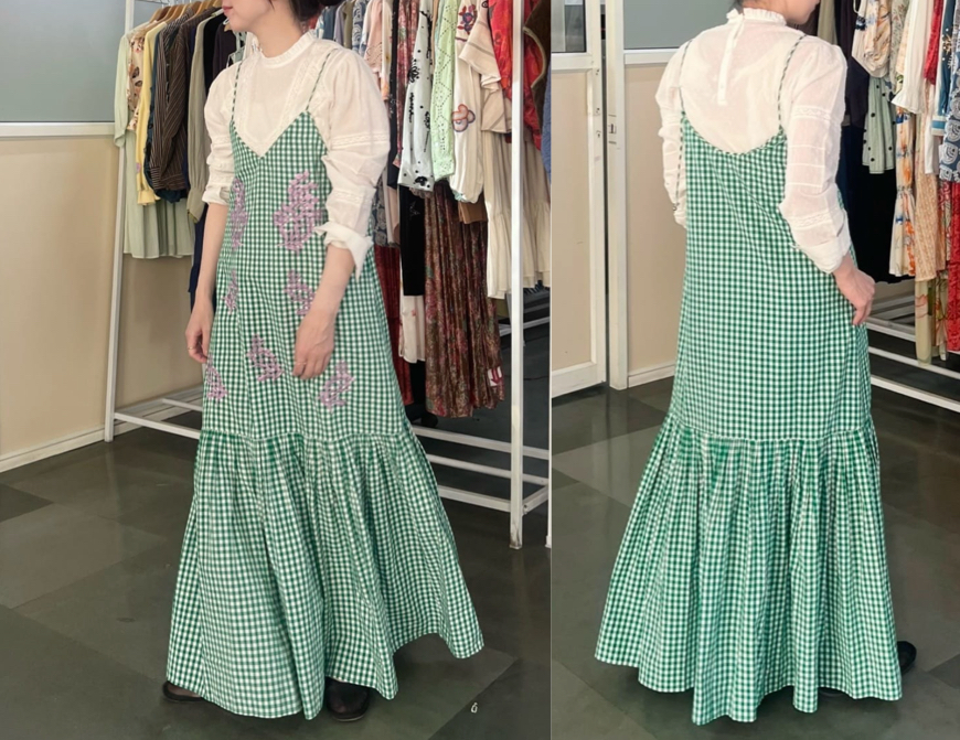 nequittezpasグリーンのチェックキャミワンピース