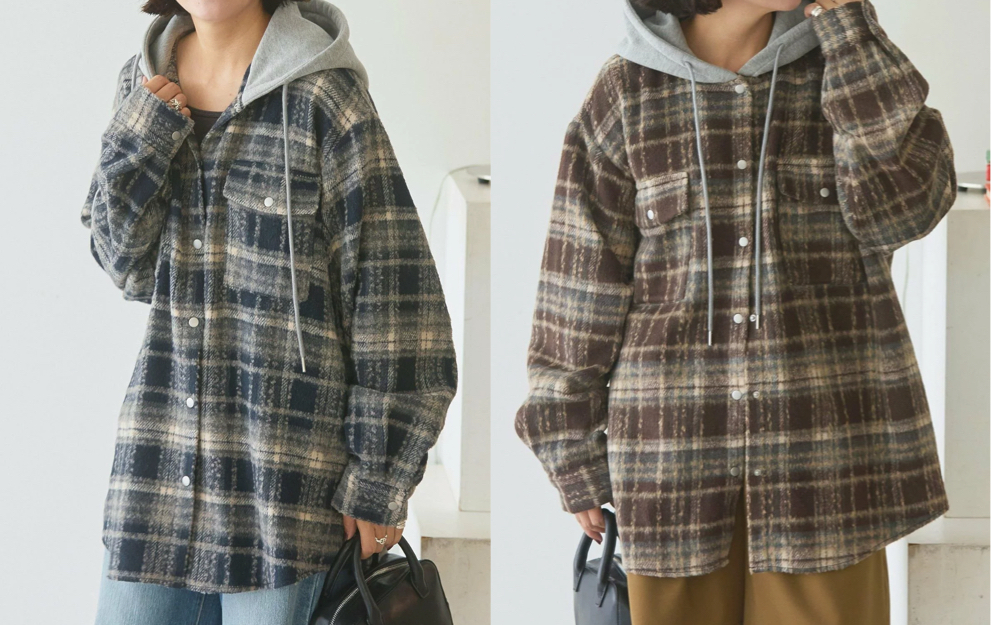 AMERICAN HOLIC(アメリカンホリック)ネイビーのフード付きシャギーチェックシャツ