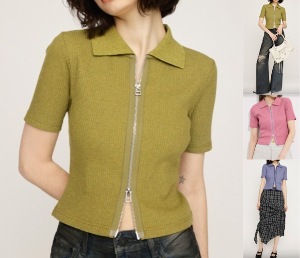 SLYグリーンのジップデザイン半袖カットソー