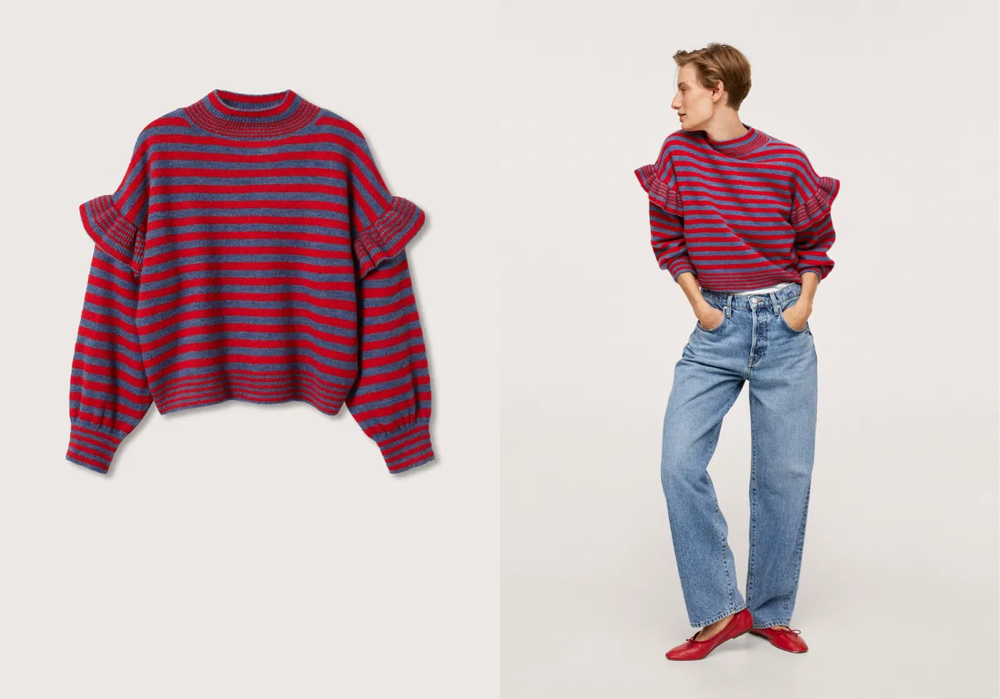 マンゴーレッド×グレーの袖フリルニット