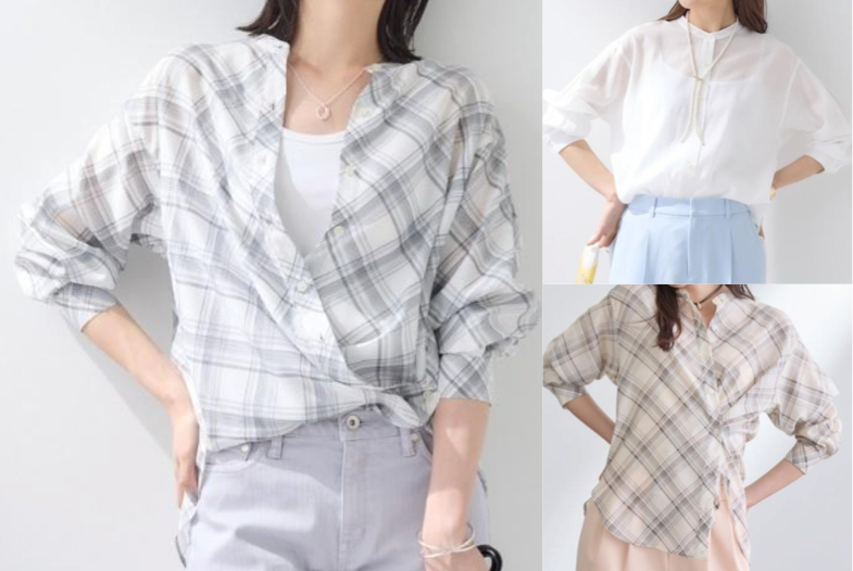 INDIVI（インディヴィ）ライトグレーのチェック柄ノーカラーシャツ