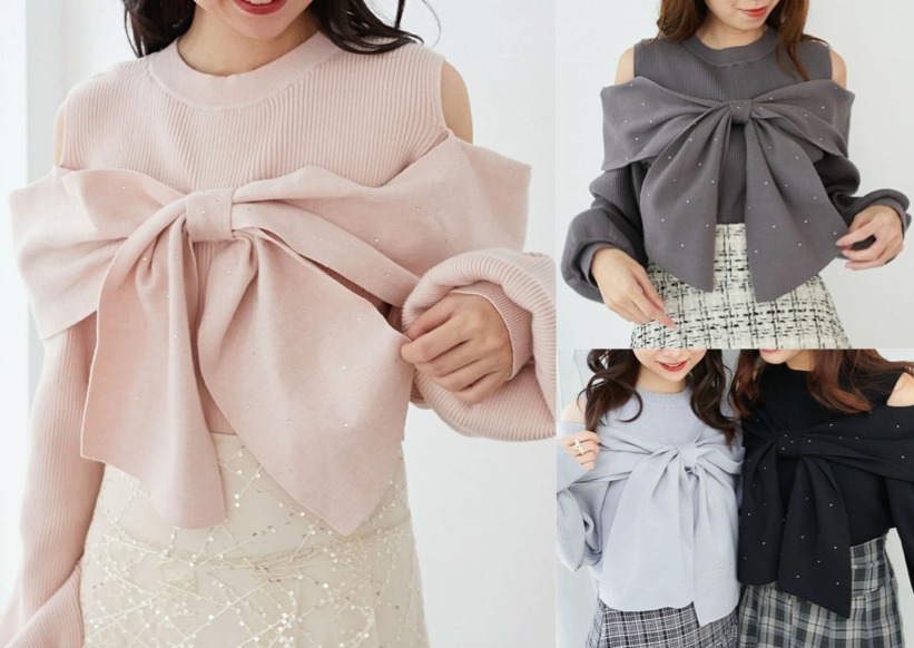MAJESTIC LEGON（マジェスティックレゴン）ピンクのオフショルリボンデザインニット