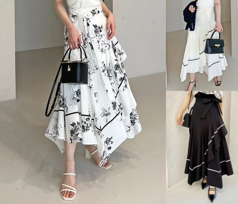 SNIDELホワイトのフラワー柄フレアスカート