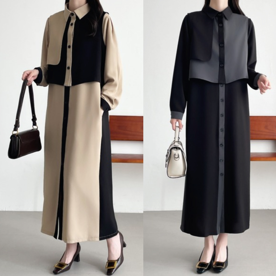 ABITOKYO（アビトーキョー）ベージュxブラックのレイヤードバイカラーシャツワンピース