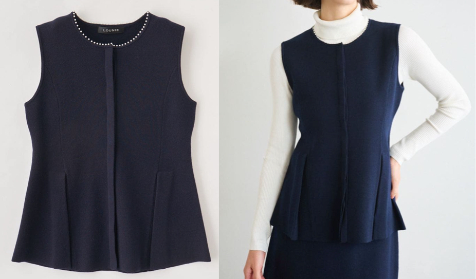 LOUNIE(ルーニィ)ネイビーのパールネックニットベスト