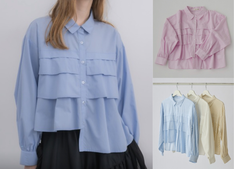 idem（イデム）サックスブルーのフリルシャツ