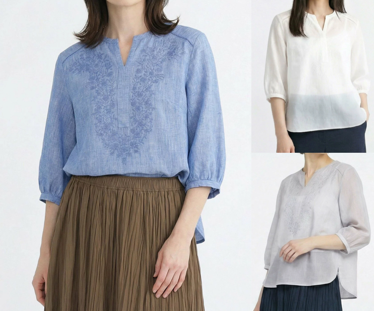 SCAPA（スキャパ）ブルーの刺繍ブラウス