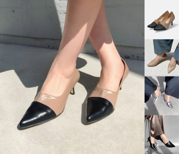 MAMIANベージュ×ブラックのヒールパンプス