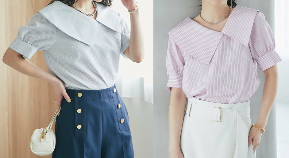 La boutique BonBon（ラブティックボンボン）ミントブルーのストライプ柄ビッグカラーブラウス