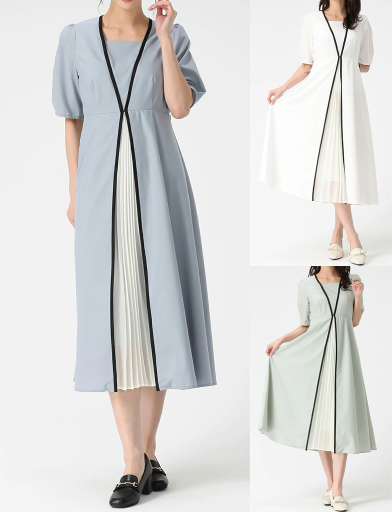 MISCH MASCH（ミッシュマッシュ）アイスブルーのフロントプリーツ配色ワンピース