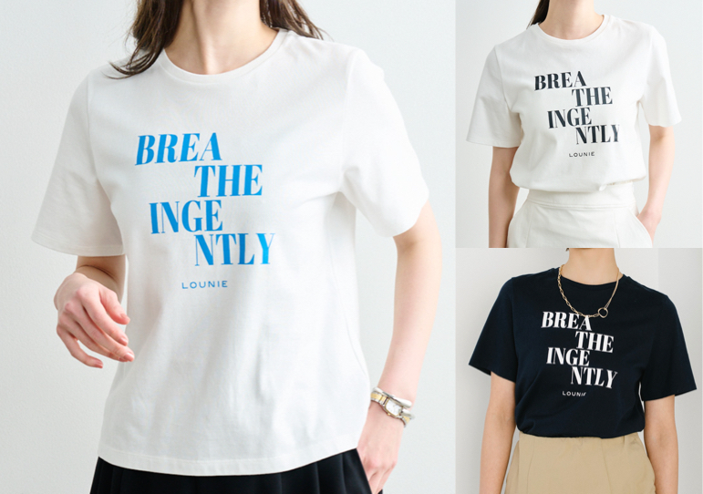 LOUNIE（ルーニィ）ホワイトxライトブルーのロゴTシャツ