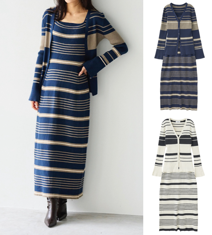 Aimeine（エメイン）ネイビーxベージュのボーダーワンピース