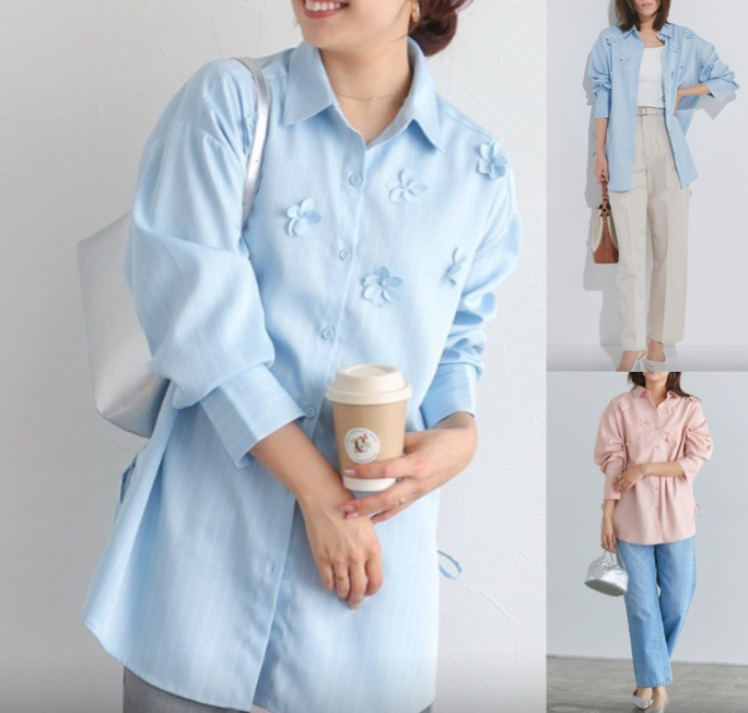 Pierrotブルーのフラワーモチーフシャツ