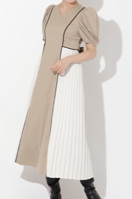 And Couture（アンドクチュール）ベージュの配色パイピングワンピース