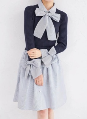 tocco closet(トッコクローゼット)ネイビーxグレーのニットドッキングシャツワンピース