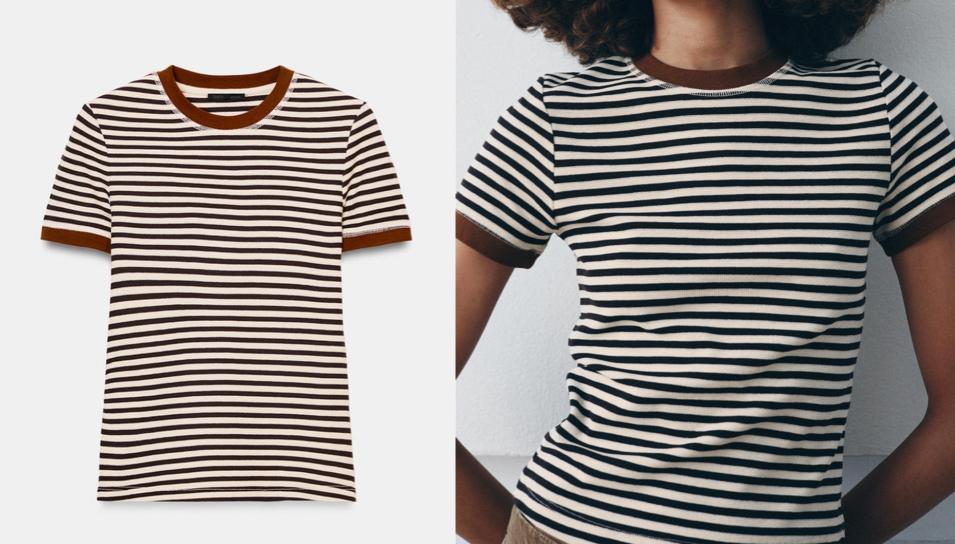 ZARA(ザラ)ブラウンのボーダー半袖Tシャツ