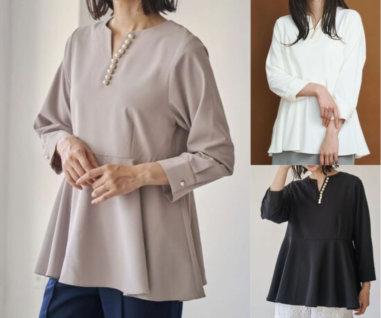 TONAL（トーナル）ベージュのパールキーネックブラウス