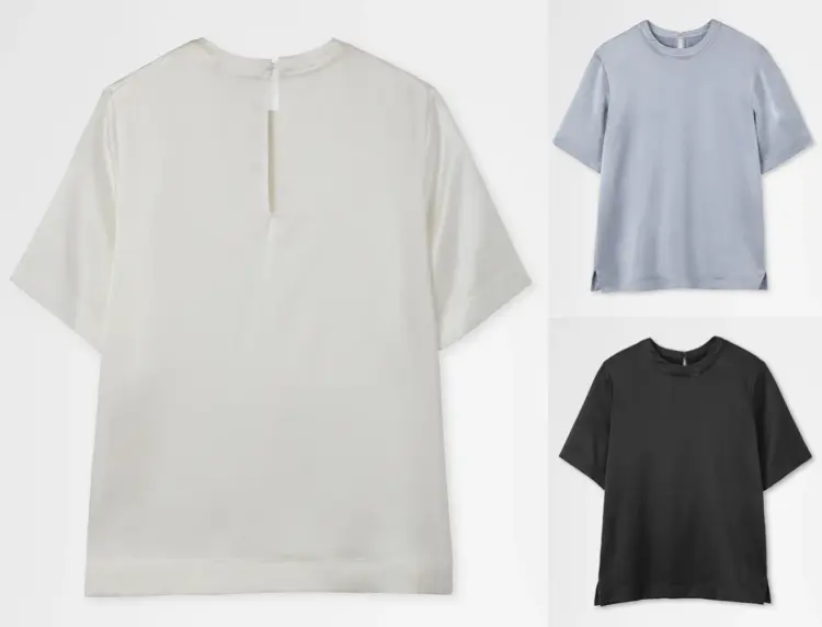 overcoatホワイトのバックオープンシルクTシャツ