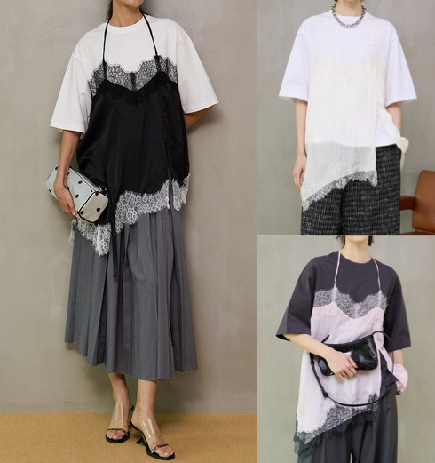 MAISON SPECIALブラックのキャミソールドッキングTシャツ