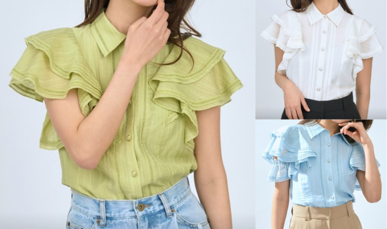 AND COUTURE（アンドクチュール）ライトグリーンのラッフルスリーブシャツブラウス
