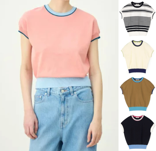 MACPHEE（マカフィー）ピンクxサックスブルー半袖のニット