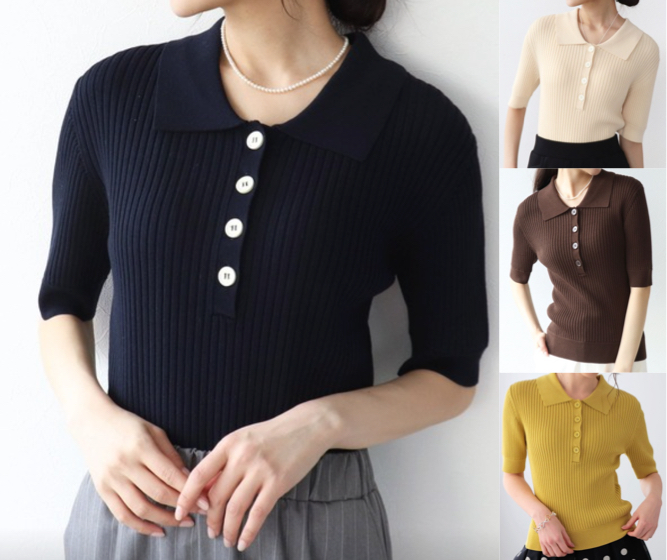 Jines（ジネス）ネイビーのポロ衿ニット