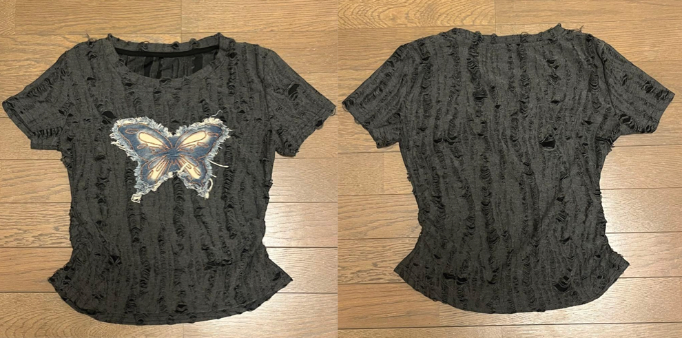 バタフライダメージ加工Tシャツ