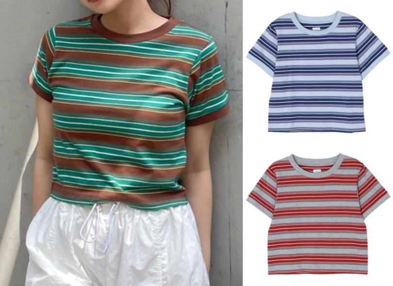 Ungrid（アングリッド）グリーンxブラウンのボーダーTシャツ