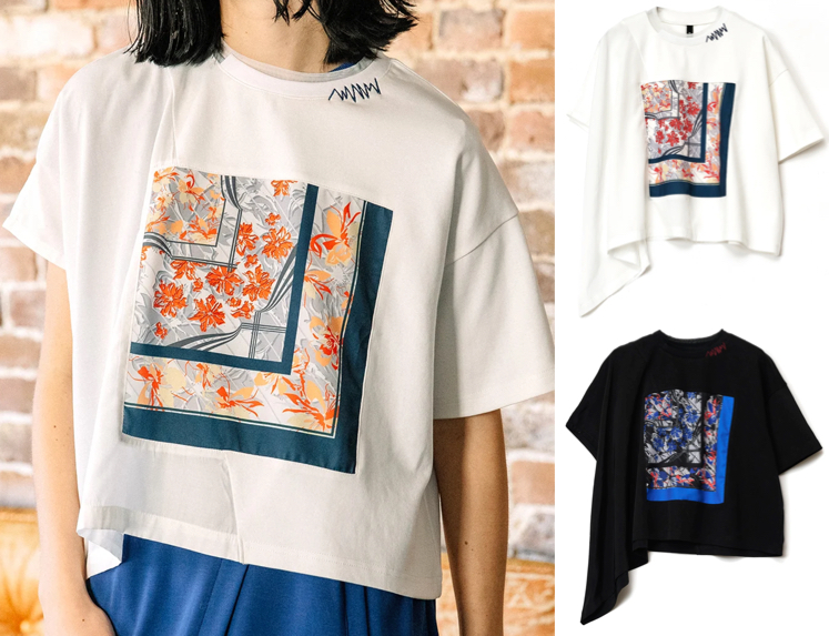 AULA AILA(アウラアイラ)ホワイトのスカーフプリントTシャツ
