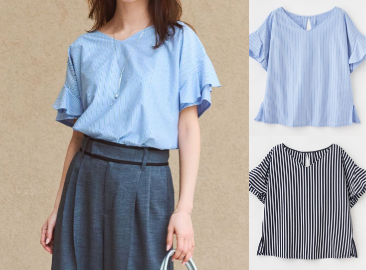 Stola.(ストラ)ライトブルーのストライプ袖フリルブラウス