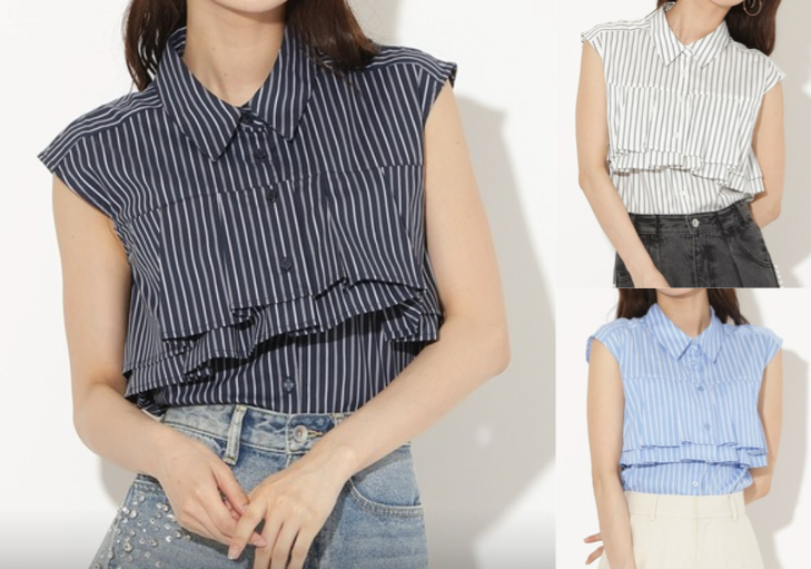 AND COUTURE（アンドクチュール）ネイビーのストライプ柄シャツブラウス