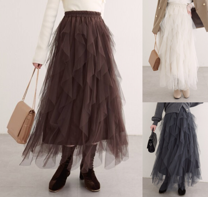natural couture（ナチュラルクチュール）ブラウンのラッフルフリルチュールスカート
