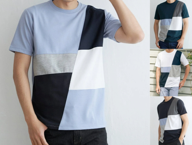 ikka（イッカ）ブルーのカラーブロックTシャツ